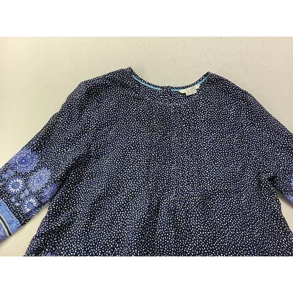 Boden Women 10 Navy Floral Blouse Pin Tucked Front Sheer 3/4 Sleeve Cottage Core - Picture 3 of 11